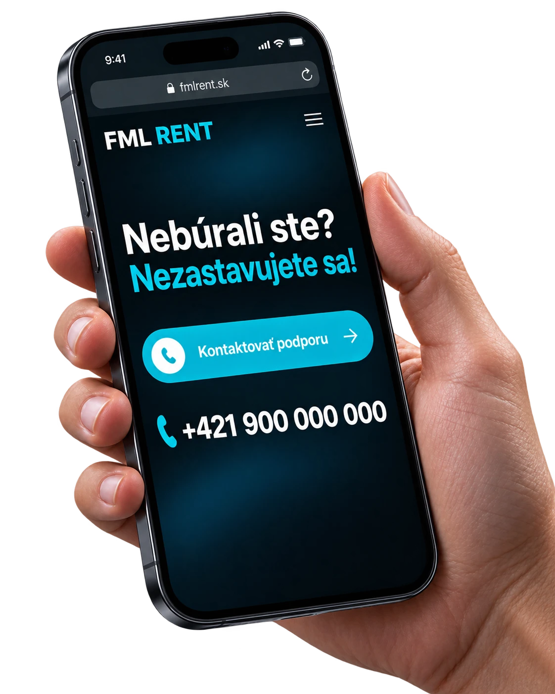 Ruka drží telefón so zobrazenou stránkou FML Rent